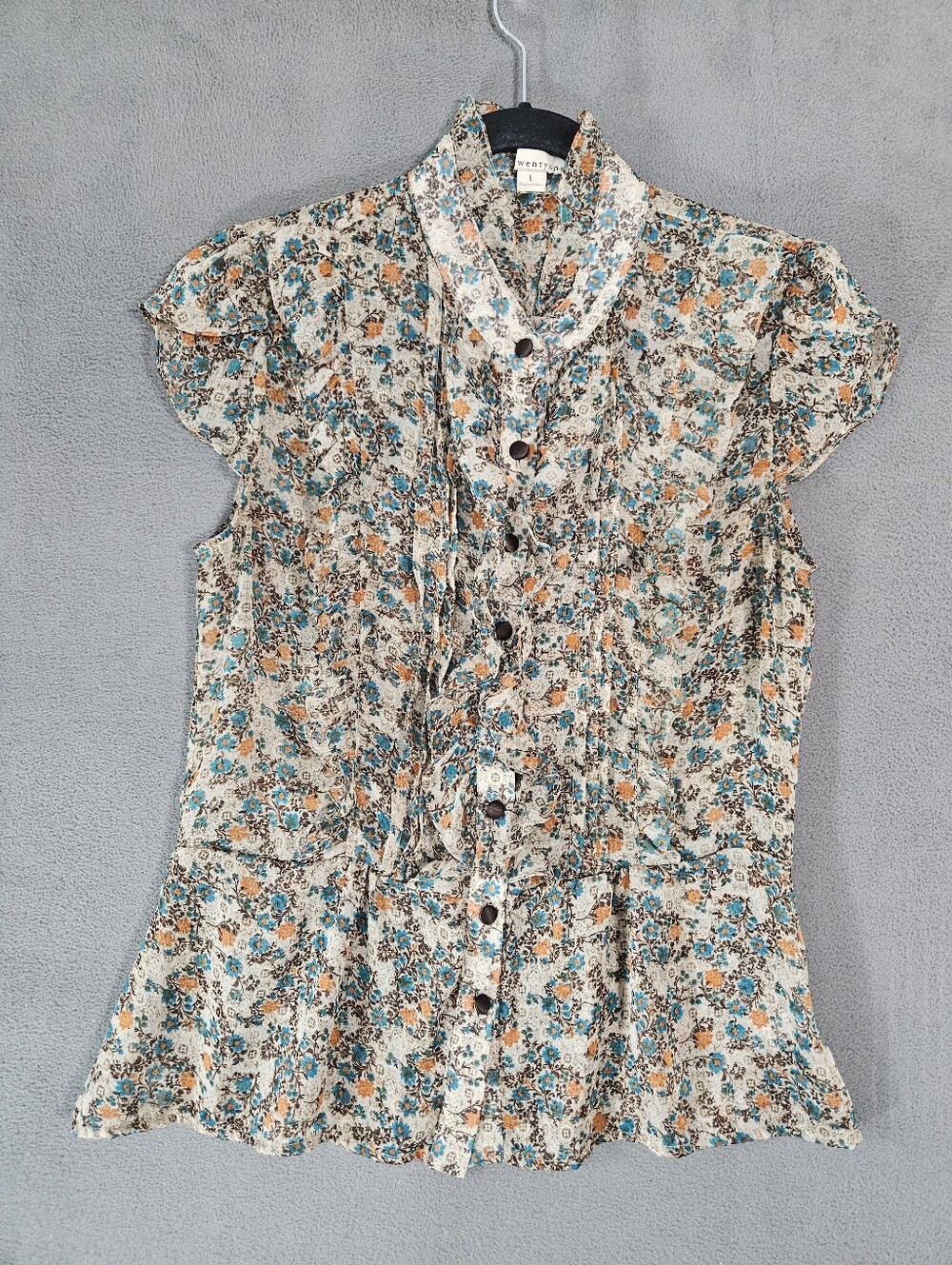 Twenty-one Y2K Croquet Ruffle Shirt Large Victorian Feminine Floral Multicolor